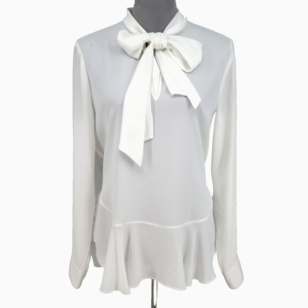 Vince Camuto Top Womens Medium Ivory Chiffon Blouse Keyhole Neck Tie Peplum Hem
